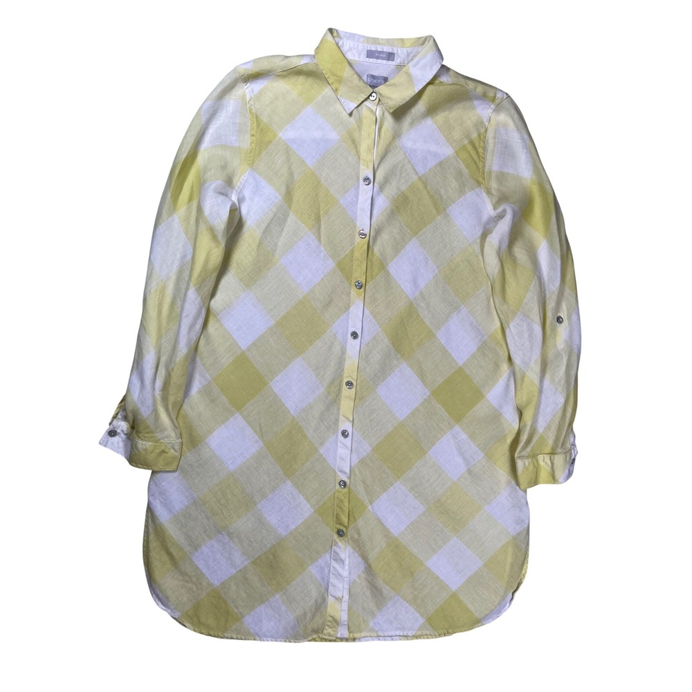 Chico's Tunic Shirt Women Large Yellow‎ Check Linen No Iron Roll Tab Sleeve